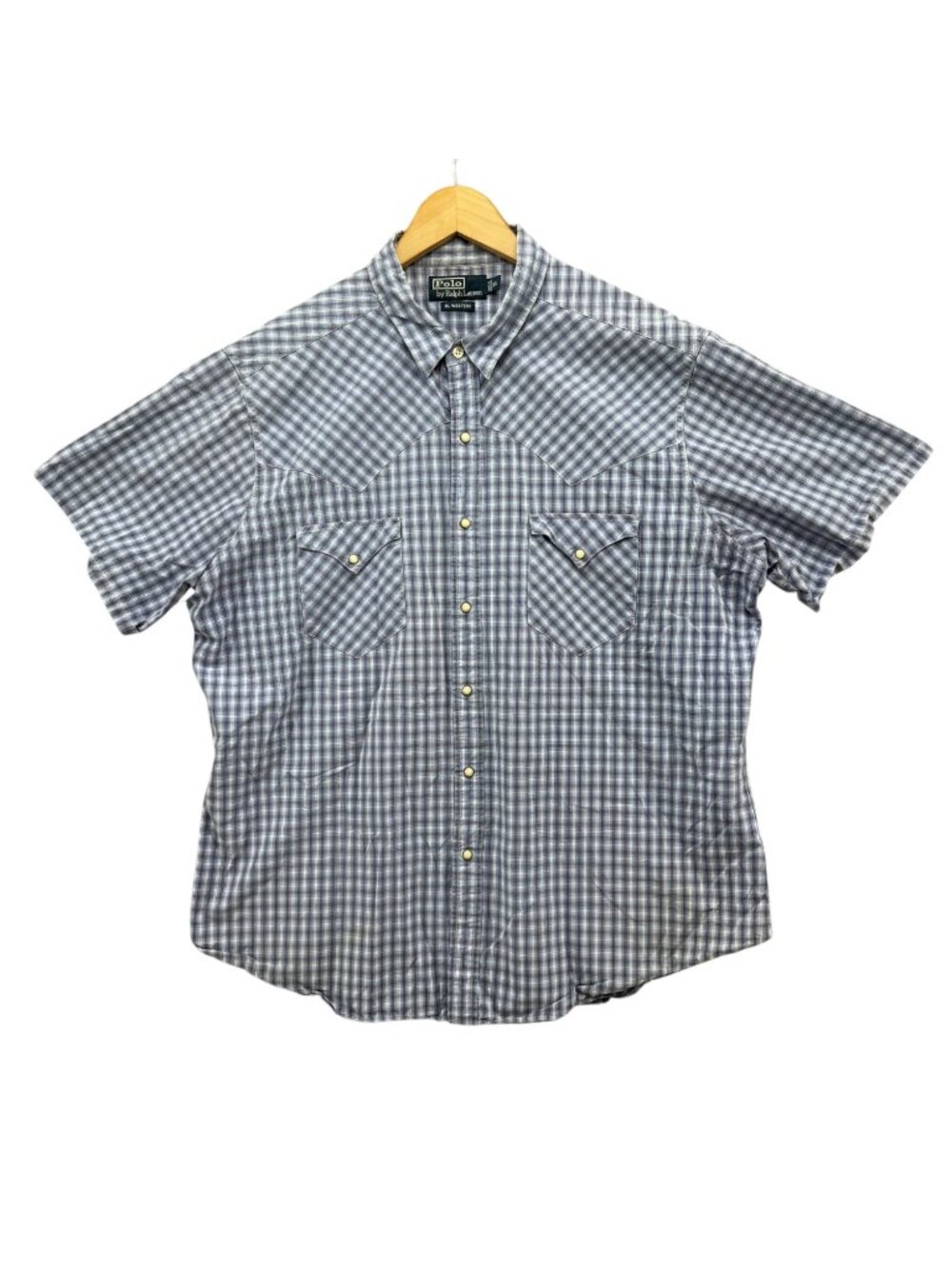 Vtg Polo Ralph Lauren RL Western Shirt Mens Blue Plaid Pearl Snap SS Size XL